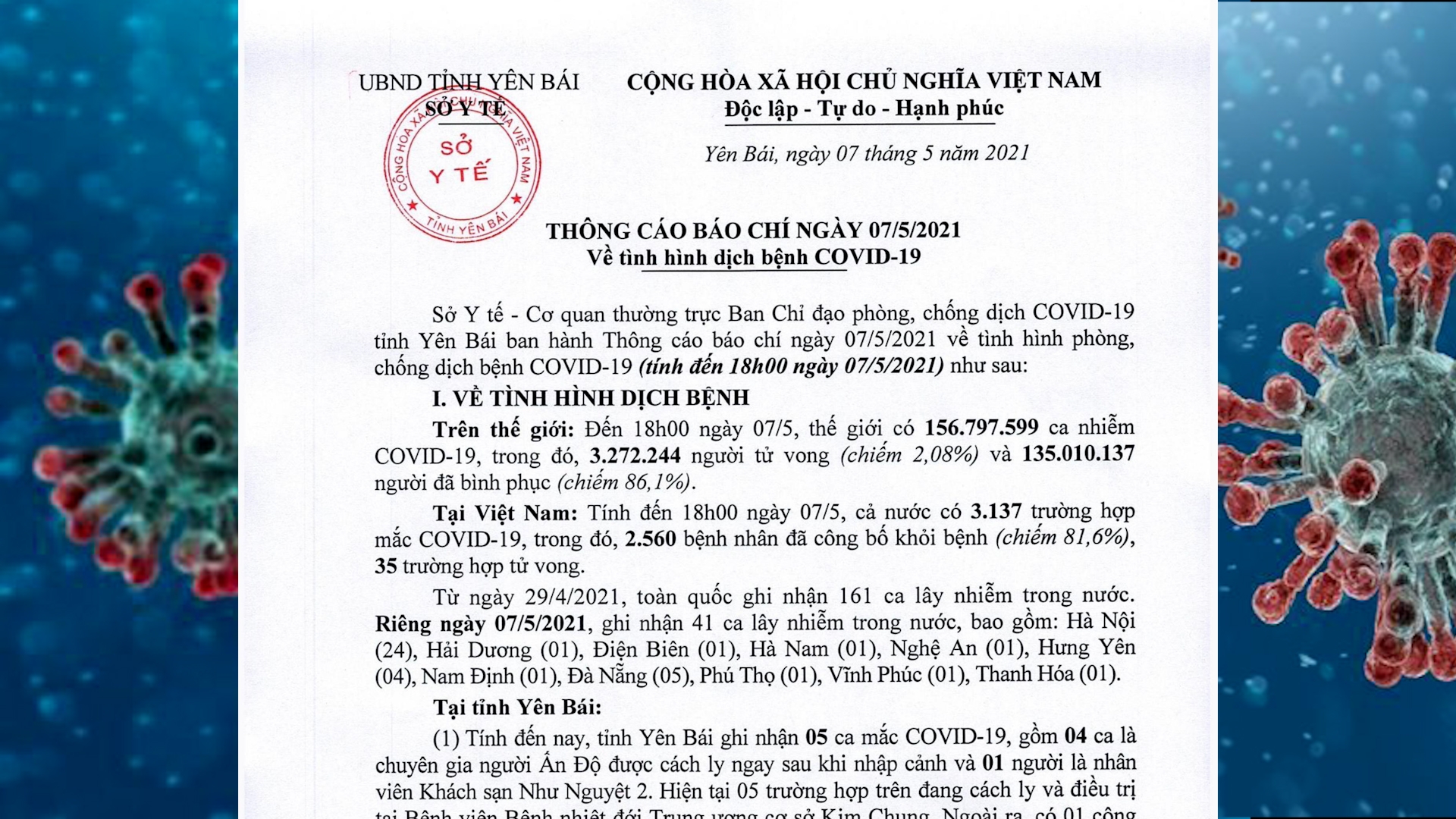 Thông cáo báo chí về tình hình dịch bệnh Covid-19 ngày 7/ 5/2021
